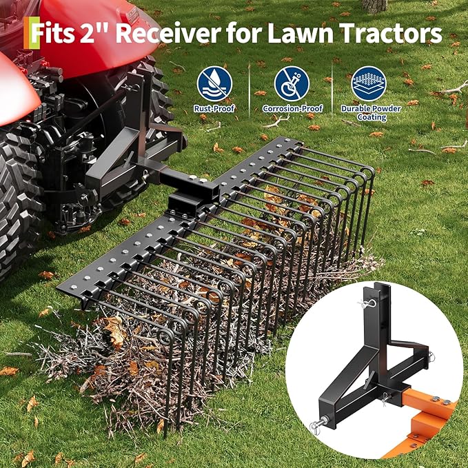 48 in Durable Pine Straw Rake Steel Spring Landscape Rake Fits 2 in Receiver for Lawn Tractors or ATV/UTV, Black