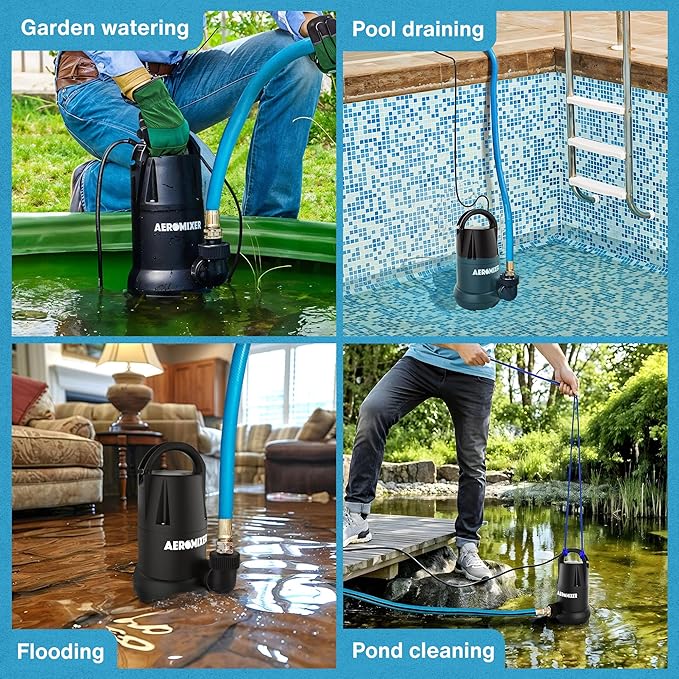 Aeromixer Tall Tank 3/4 HP Submersible Mixing + Aerating Pump with 1 HP Water Transfer Pump Bundle - Water Aerator & Garden Utility Pumps, Nutrient Mixing & Aeration Pumps for Farming & Gardening