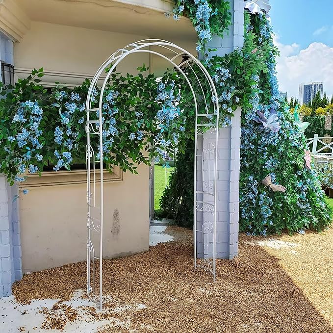 White Wedding Arch Garden Arbor Curved Metal Archway with Elegant Curve for Climbing Plants Roses Vines Garden Lawn Backyard Patio Wedding Outdoor Ceremony