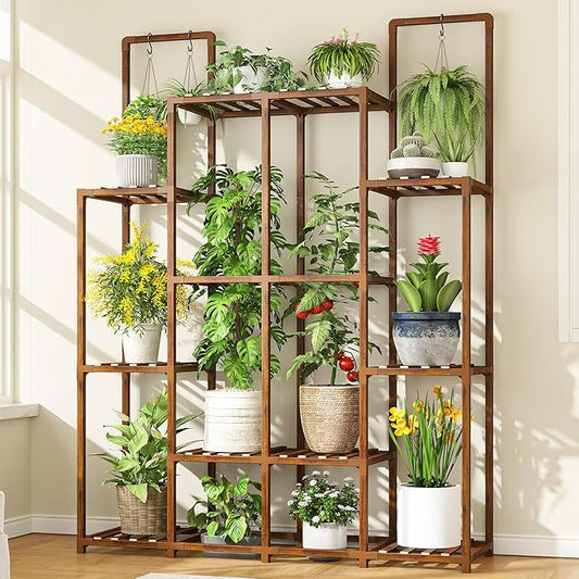 EnHomee Plant Stand Indoor Wood Plant Stand Outdoor Plant Shelf with 14-18 Potted Double Rod Large Plants Holder 440LBS Plants Shelves for Living Room Patio Balcony Yard Garden 44.8''W×11.6''D×47''H