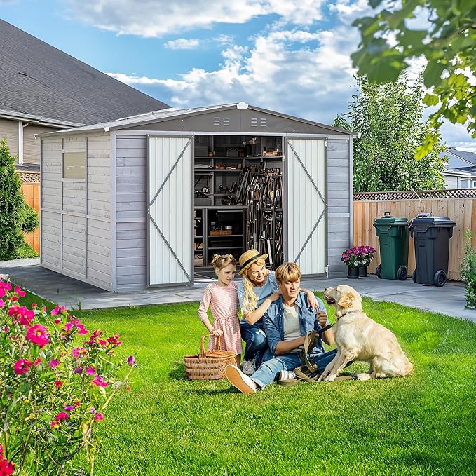 8x10 FT Outdoor Wood Storage Shed, Garden Tool Shed with Windows, Outside Storage Shed Waterproof for Backyard, Garden, Patio, 4 Vents (Without Floor) Gray