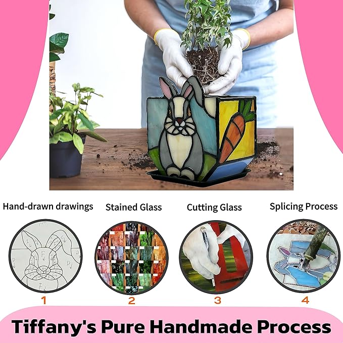 Handcrafted Stained Glass Rabbit Planter,Plant Pots Indoor with Drainage, Succulent Flower Pots,Plant Gifts,4.6x3x5.15 in