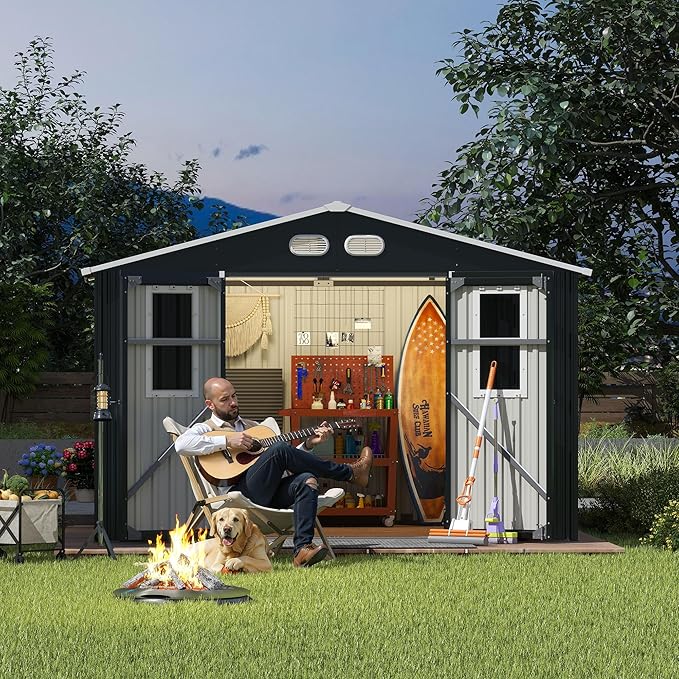 8x10 SF Outdoor Storage Shed,Metal Shed with Lockable Doors & 4 Daylight Windows,Garden Tool Shed w/Air Vents & Sloped Roof, Ideal for Backyard,Patio,Lawn,Dark Gray