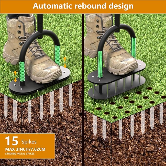 seasky Lawn Aerator Spike Metal Manual Dethatching Lawn Aerator Tool with 15 Iron Spikes Spring-Loaded Design Grass Aerator Tools for Yard, Patio, Garden Tool (15 Nails)