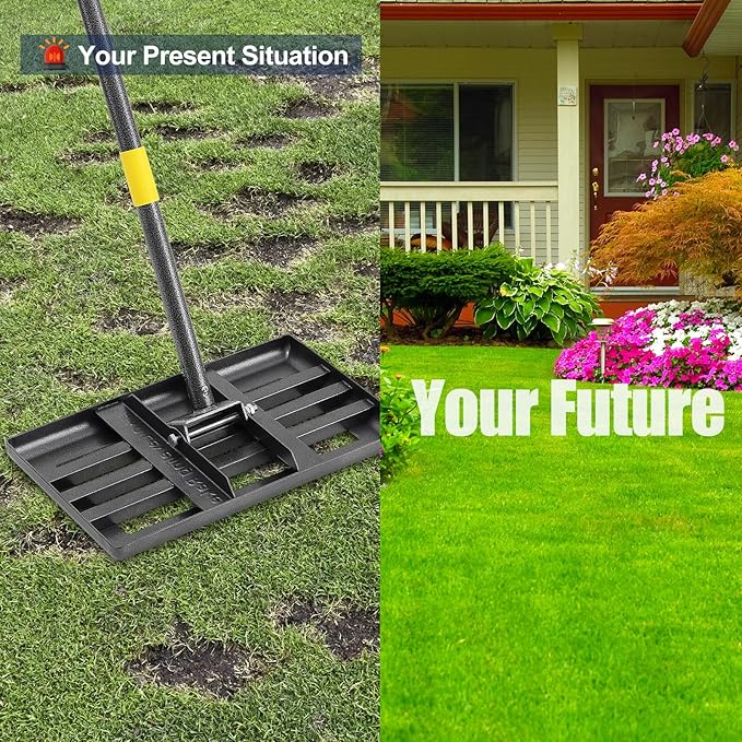 72" Heavy Duty Lawn Leveling Rake - 17x10in Stainless Steel Grading Tool with Ergonomic Adjustable Handle | Professional Grass Soil Leveler for Golf Courses, Backyards & Sports Fields