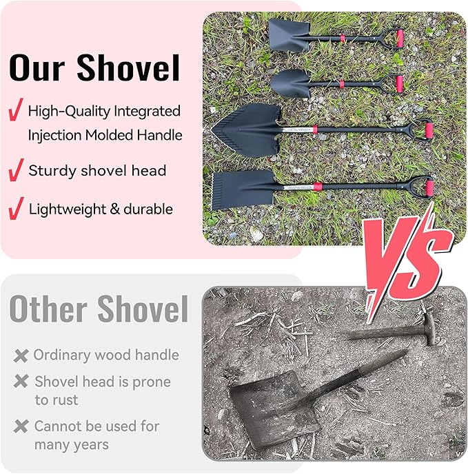 SHARK ATTACK 5-Piece Steel Shovel Set with Non-Slip Handle and D-Grip Handles - Multi-Size Garden Shovels with Powder Coating for Digging, Planting & Car Emergency