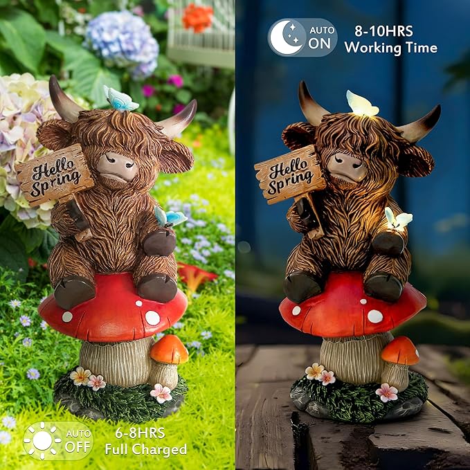 Highland Cow Garden Statue with Solar Butterfly Lights, Spring Outdoor Highland Cow on Mushroom Butterfly Decoration for Yard, Patio, Lawn, Cows Figurine Housewarming Gift for Women, Mom