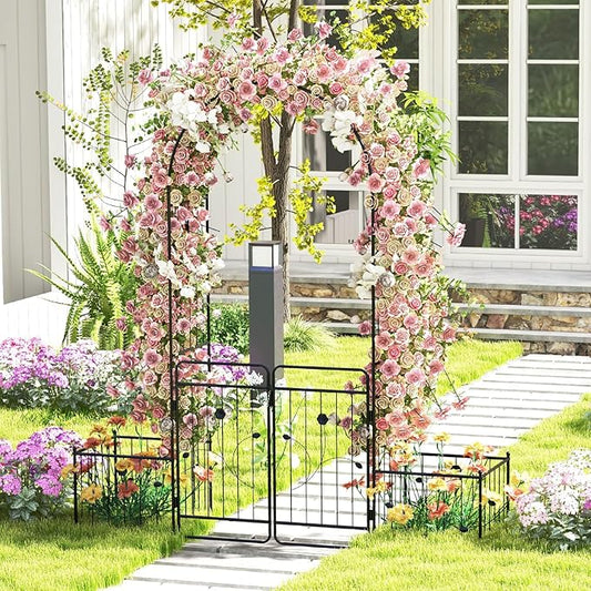 Moccha Garden Arch with Gate and Planter Boxes - 87" Metal Arbor Trellis for Climbing Plants Rose Vine, Heavy-Duty Archway Pergola, Garden Arbor for Wedding Ceremony Decoration Lawn Patio Bridal Party