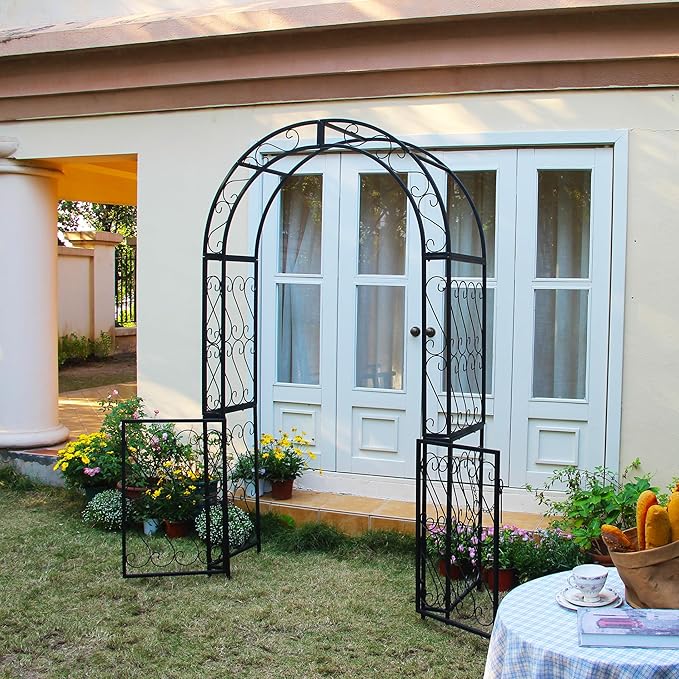 Heavy-Duty Arbor with Gate 48.8" W x 83.5" H, Iron Arch Trellis Arbor Archway for Climbing Plants Roses Vines Support Rack, Outdoor Lawn Backyard Patio Wedding Party Ceremony Decoration