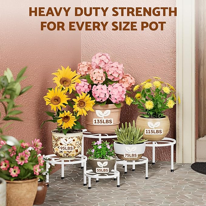 5 Packs Metal Plant Stand Indoor Outdoor,Heavy Duty Flower Pot Stands for Multiple Plant,Rustproof Iron Round Potted Stand Holder,Plant Shelf for Planter Garden(WhiteKite)
