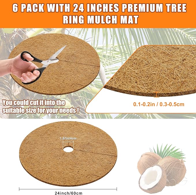 24 Inch Coconut Fiber Mulch Ring, 6 Pcs Tree Protector Mats, Coco Coir Mulch Mat Tree Guards, Plants Disc Soil Cover for Landscaping and Indoor Outdoor Gardening Pot