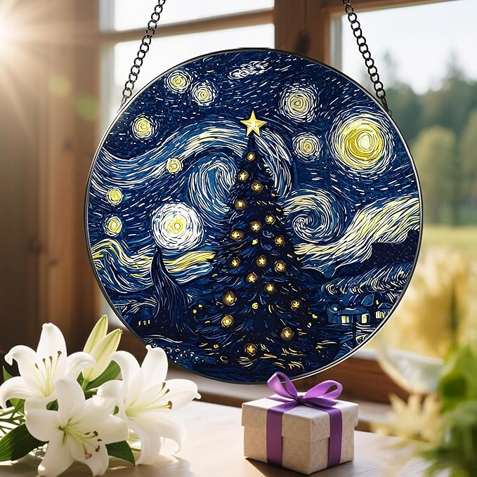 8-Inch Starry Night Christmas Tree Suncatcher Ornament, Stained Glass Window Hanging & Stained Glass Holiday Ornament, Sun Catcher Window Decor, Van Gogh’s Keepsake, Gifts for Christmas & Holidays