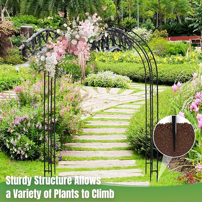 7FT Black Garden Arbor Trellis, Outdoor Metal Garden Arch for Climbing Plants Flowers Vines, Metal Lightweight Wedding Decoration Frame Archway for Lawn Bridal Party Ceremony Holiday Event