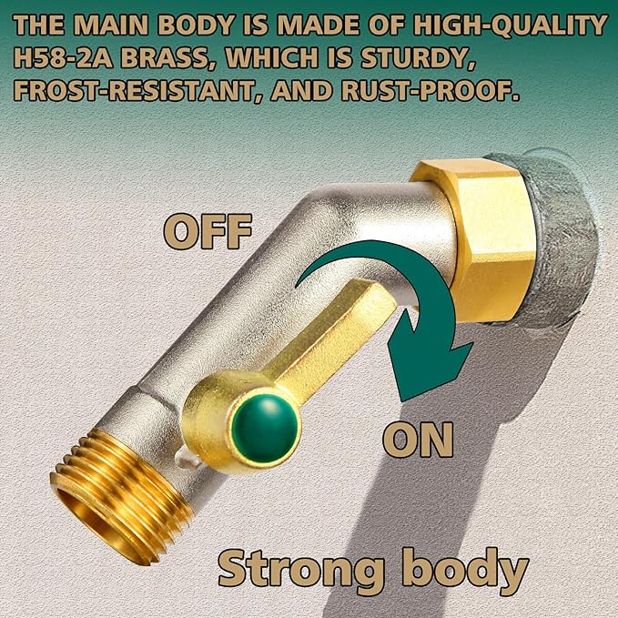 135 Degree Full Flow Garden Hose Shutoff Valve, 3/4-Inch Heavy Duty Brass Garden Hose Elbow Connector, Leak-Free Hose Adapter for Outdoor Faucets and RV Spigot Extenders