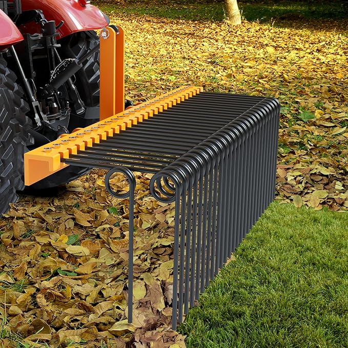 72 Inch Pine Straw Needle Rake, 3 Point Landscape Rake, Powder Coated Steel Spring Tow Behind Rakes, Tractor Attachments for Leaves Straw Grass Attach to Cat 0 Cat 1, Orange