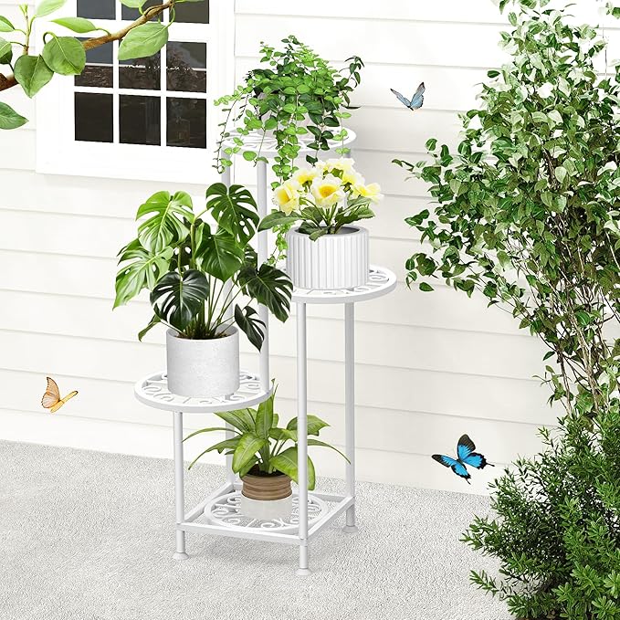 4 Tier Plant Stand Indoor Outdoor, Metal Flower Shelf Display Holder, Multiple Plants Corner Tall Flower Holders for Patio Balcony Porch Garden Living Room (White)