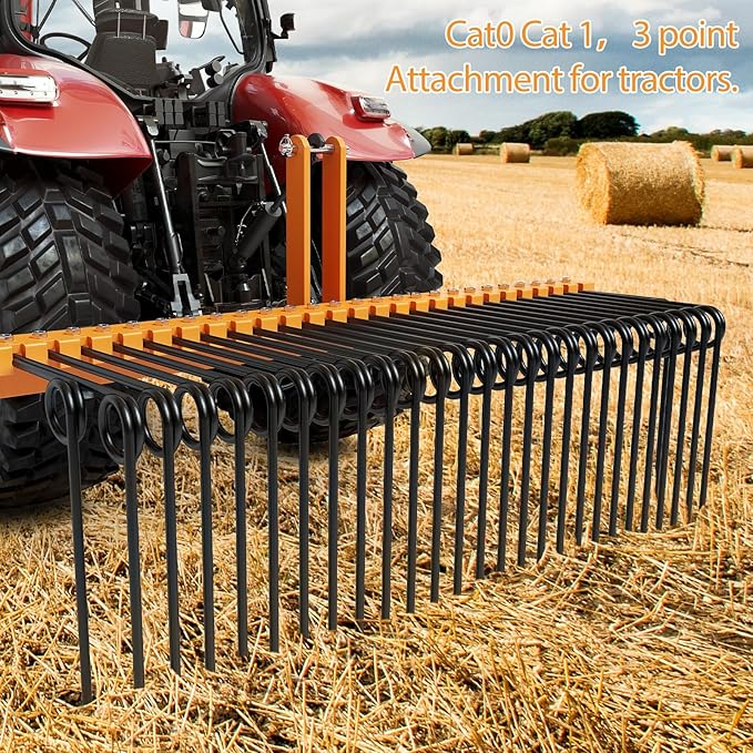 72" Durable Powder Coated Steel Pine Straw Rake, Steel Spring Landscape Rake for Leaves, Pine Needles, Straw, and Grass Attaches to Cat 0 Cat 1,3 Point Hitch Tractor, Yellow