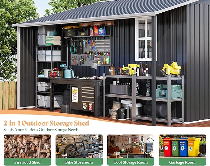 AMERLIFE 12x12x6.6 FT Galvanized Metal Storage Shed with Open Firewood Bay, Sliding Doors & Ramp, 2 Windows & Vents, Weather-Resistant Outdoor Tool/Garden Shed, Dark Grey/White