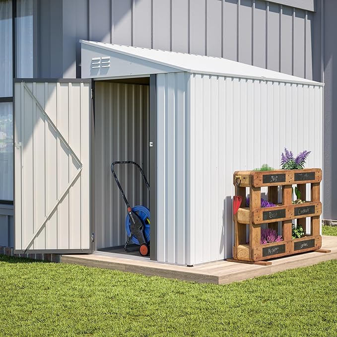 4×7 FT Outdoor Metal Storage Shed,Heavy-Duty Lean to Storage Shed with Lockable Door and Reinforced Beams,All Weather Waterproof Storage House W/2 Air Vents,for Backyard,Patio,Lawn,White
