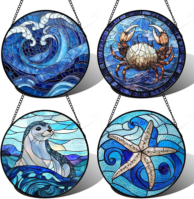 Stained Glass Window Hanging 4 Pcs Set Blue Ocean Waves 6.3" - Starfish Crab Seal Suncatcher Door Garden Sun Catcher Decor Birthday for Mom Woman Nana Men Friend