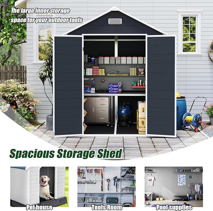 Resin Storage Shed 6x6ft, Outdoor Storage Sheds with Floor, Window, Lockable Doors and Vents, 12mm Thick pp Board, Tool Shed for Bike, Garden, Backyard, Lawn (Dark Gray, 6 * 6ft)