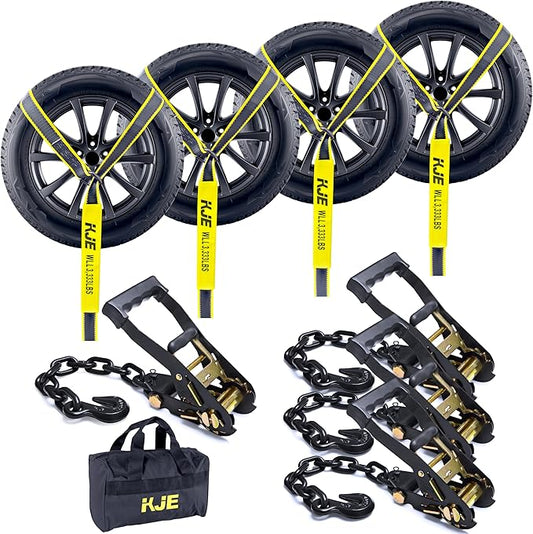 KJE 4 Pack Reflective Car Tie Down Straps for Trailers - Tire Ratchet Strap with Chain Anchors - 2" x 10' 10,000LBS Break Strength - Lasso Style Wheel Straps for Hauling UTV, SUV, Truck, Any Cars