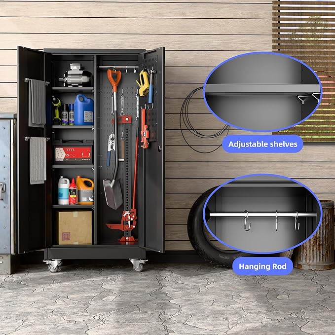 61.7"H Metal Garage Storage Cabinet with Wheels and Hanging Rod,Broom Closet Storage Cabinet with Pegboard and 4 Adjustable Shelves with 120LBS for Garage Home Office School,Required Assembly,Black