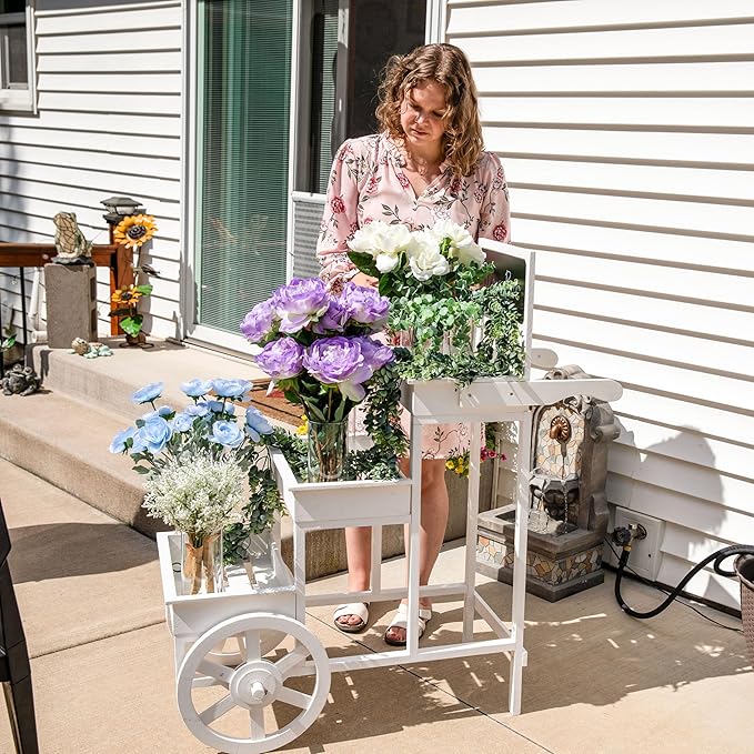 Sunnydaze 3-Tiered Flower Cart Display Stand with Wheels - Flower Display Stand or Planter - Wooden Cart with Chalkboard - White