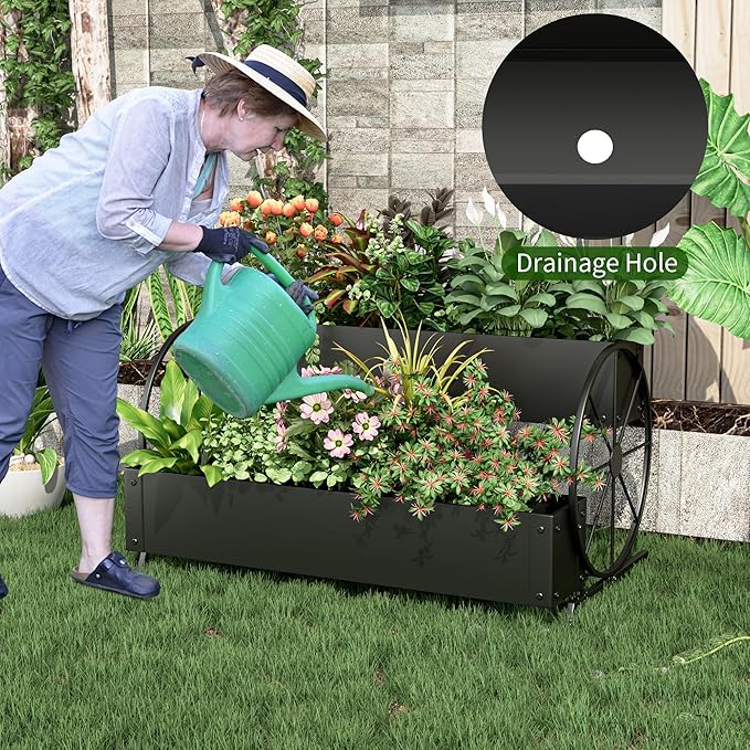 Metal Wagon Planter Box, 2-Tier Garden Planter with Wagon Wheels, Decorative Outdoor Planters for Flowers Herbs Vegetables, Flower Cart Small Raised Garden Bed for Patio, Balcony (Black)