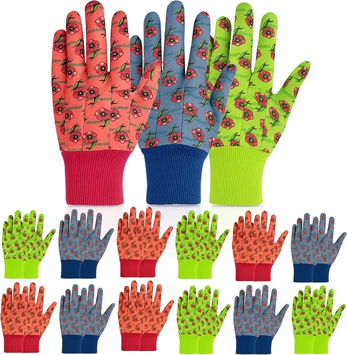 G & F Products JustForKids Garden Gloves, Soft Cotton Kids Work Gloves with Knit Wrist, Assorted Colors Red/Green/Blue