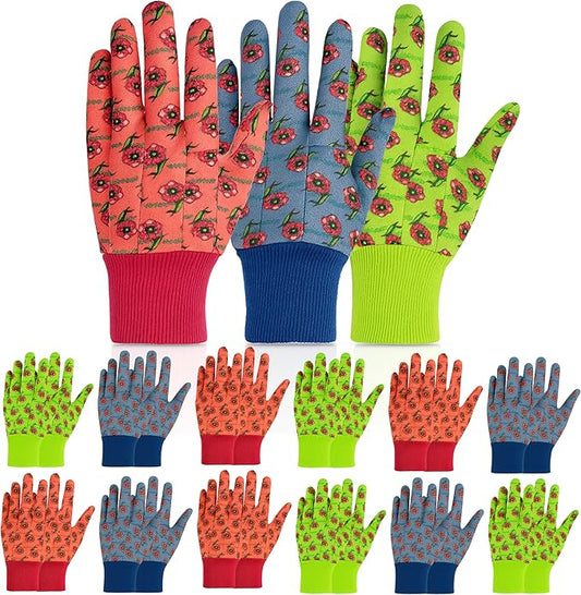 G & F Products JustForKids Garden Gloves, Soft Cotton Kids Work Gloves with Knit Wrist, Assorted Colors Red/Green/Blue