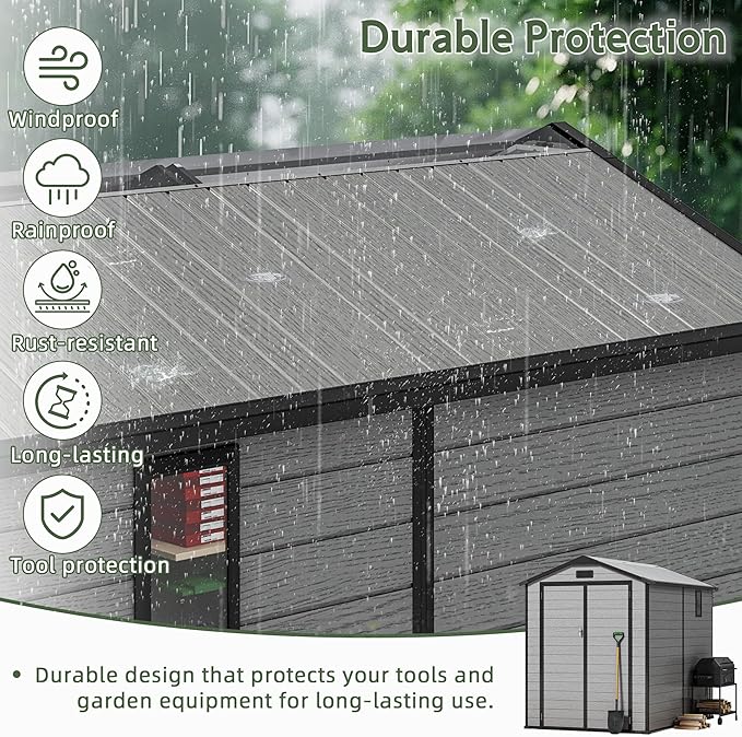 6×6FT Plastic Outdoor Storage Shed, Double Door Tool Shed with Transparent Roof and Vent, Lockable Door with Key, Storing Patio Furniture, Gardening Tools, and Bicycle Accessories.