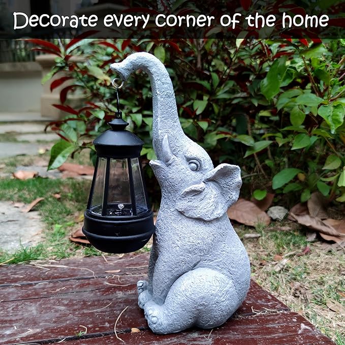 Elephant Solar Garden Statues,Resin Elephant Figurine Decorations with Solar Lights Lantern, Outdoor Garden Decor Art for Lawn,Yard, Unique Housewarming Gift for Garden Home