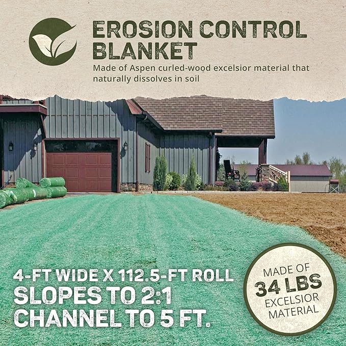 Dewitt 2-Pack Single Net Excelsior Blanket, Green, 4 x 112.5 Feet – Aspen Wood Fiber Erosion Control Mat with Netting for Soil Protection, Grass & Seed Establishment, Ground Cover and Landscaping