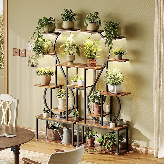 PRAISUN 65 Inch Plant Stand with Grow Light, 9 Tiered Indoor Plant Shelf with Larger Flower Holder, Music Note-shaped Stand with Top Ring Hook , Corner Plant Rack for Living Room, Rustic Brown