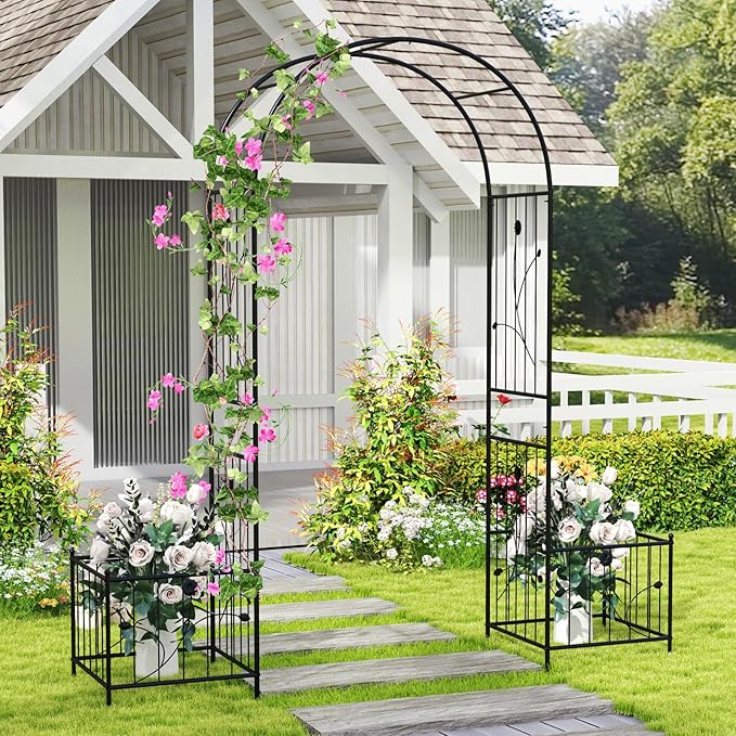 Moccha Garden Arbor with Planters - 86'' Metal Arbor Trellis for Climbing Plants, Ivy, Vines, Outdoor Archway Pergola with 8 Ground Stakes, Garden Arch for Wedding Ceremony Decoration Lawn Patio