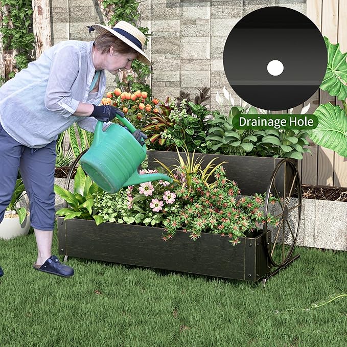 Metal Wagon Planter Box, 2-Tier Garden Planter with Wagon Wheels, Decorative Outdoor Planters for Flowers Herbs Vegetables, Flower Cart Small Raised Garden Bed for Patio, Balcony (Retro Gold)
