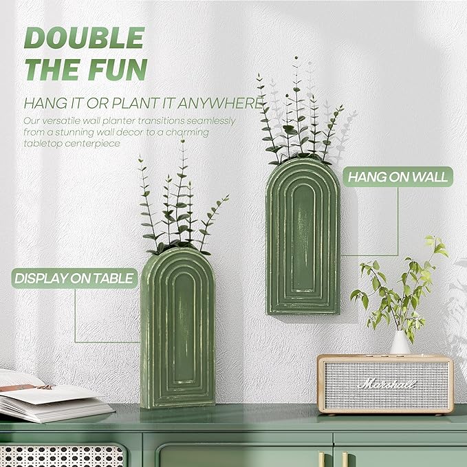 EOSAHR Pine Wood Wall Vases Set of 2 – Decorative Hanging Vases for Indoor Plants, Eucalyptus & Artificial Flowers – Best Boho Chic Decor Wall Art for Bathroom, Bedroom & Living Room (Green)