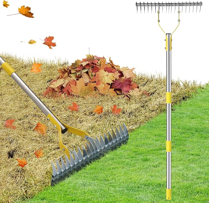 2 in 1 Rake: Stainless Steel Garden Rake for Leaves,Thatch,55” Heavy Duty 19 Tines Lawn Manual Dethatcher with Adjustable Head,Thatching Rakes for Lawn Yard Grass, Debris Removal, Soil Loosening