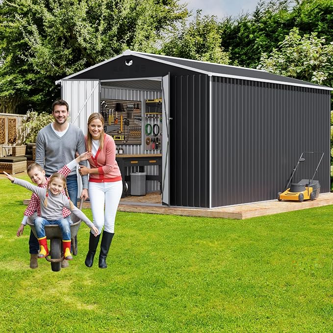 10x14 FT Metal Storage Shed, Outdoor Tool Sheds with Lockable Door, Large Heavy Duty Tool Sheds, Outside Waterproof Storage Building