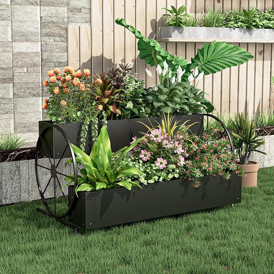 Metal Wagon Planter Box, 2-Tier Garden Planter with Wagon Wheels, Decorative Outdoor Planters for Flowers Herbs Vegetables, Flower Cart Small Raised Garden Bed for Patio, Balcony (Black)
