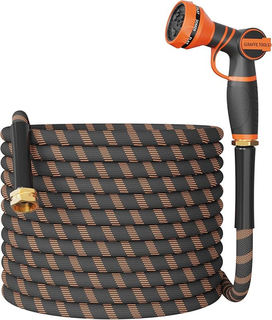 Giraffe Tools Non-Expandable Garden Hose 75FT 1/2” Lightweight Flexible Water Hoses Burst 600 psi with 9 Spray Function Nozzle Heavy Duty Hose
