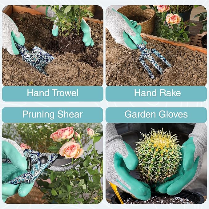 WORKPRO Aluminum Garden Tool Set, 4PCS Heavy Duty Hand Garden Tools with Box Include Trowel, Rake, Pruner, Garden Gloves, Blue Floral, Garden Gifts