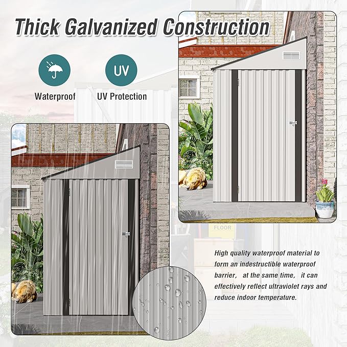 4x8 ft Lean to Shed, Outdoor Storage Shed with Lockable Door and Vents, Metal Storage Shed with 6 Vents, Outside Garden Tool Shed for Backyard, Patio, Wall Side Design (White)