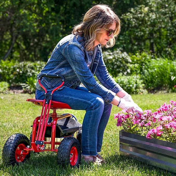 Sunnydaze Garden Seat with Wheels - Rolling Gardening Seat - Garden Stool on Wheels with Adjustable Handle and Utility Tray - Red