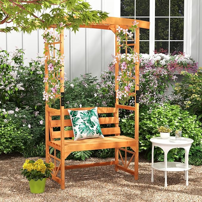 Giantex Garden Arbor with Bench - Wooden Garden Arch Trellis for Climbing Plants Vines, 2-Person Outdoor Bench, 48''W x 75''H Patio Archway for Lawn Wedding Party Ceremony Backyard Decor