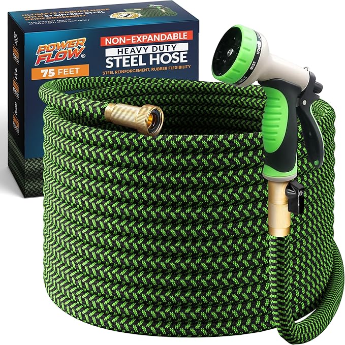 PowerFlow Garden Hose, NON-EXPANDABLE 75 Feet Premium Quality Stainless Steel Metal Water Hose with Durable Fabric Skin, Hose For Commercial, Residential Use, Bonus 10-way Spray Nozzle (75 Ft, Green)