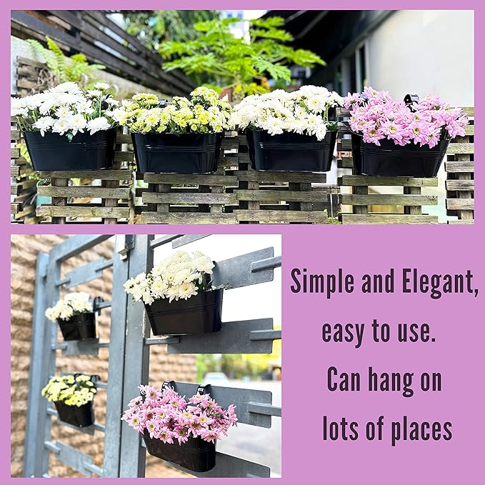 LaLaGreen Rail Planter Outdoor Plants (11.8 Inch, 2 Pack) Black Metal Iron Fence Hanging Flower Pots Deck Railings Buckets Countryside Boho Style Wall Mount Window Box Plant Holder Hooks Porch Decor