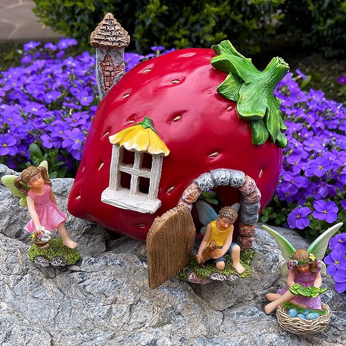 Mood Lab Fairy Garden - Fairy Strawberry House Set of 4 pcs - Miniature Figurines & Accessories - Outdoor & House Decor