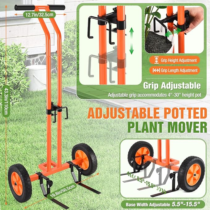 Plant Caddy with Wheels, Heavy Duty Plant Dolly Cart with Adjustable Grabbing Arm and Suction Cups for Plant Pots, Garden Pot Mover Trolley Cart with Strap, Ideal for Indoor and Outdoor Use, Orange